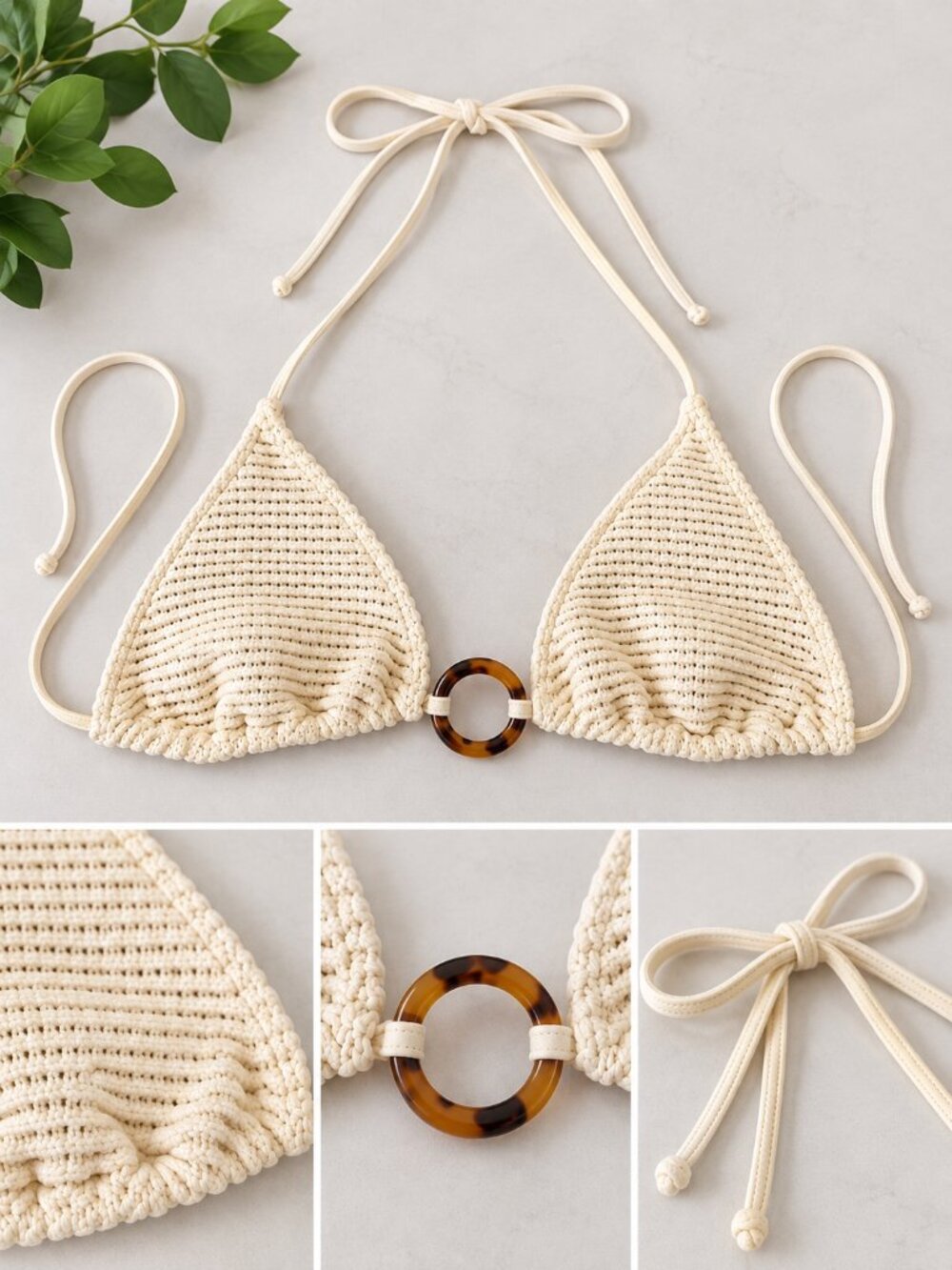 J.Crew Crochet Triangle Bikini Top Ivory Tortoise Ring Halter Large NWOT